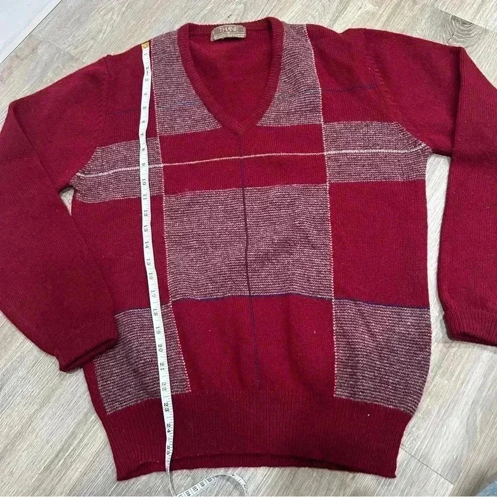 Vintage Red Lambswool V Neck Mens Sweater by Thane Size M